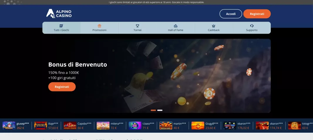 Alpino Casino bonus 150% fino a 1000 euro e 100 giri gratuiti